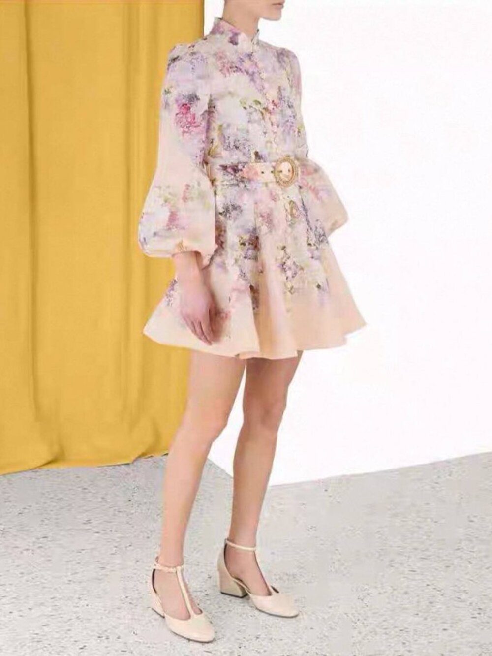 Zimmermann Floral Linen Mini Dress Size 0 Belted Button Front Puff Sleeve